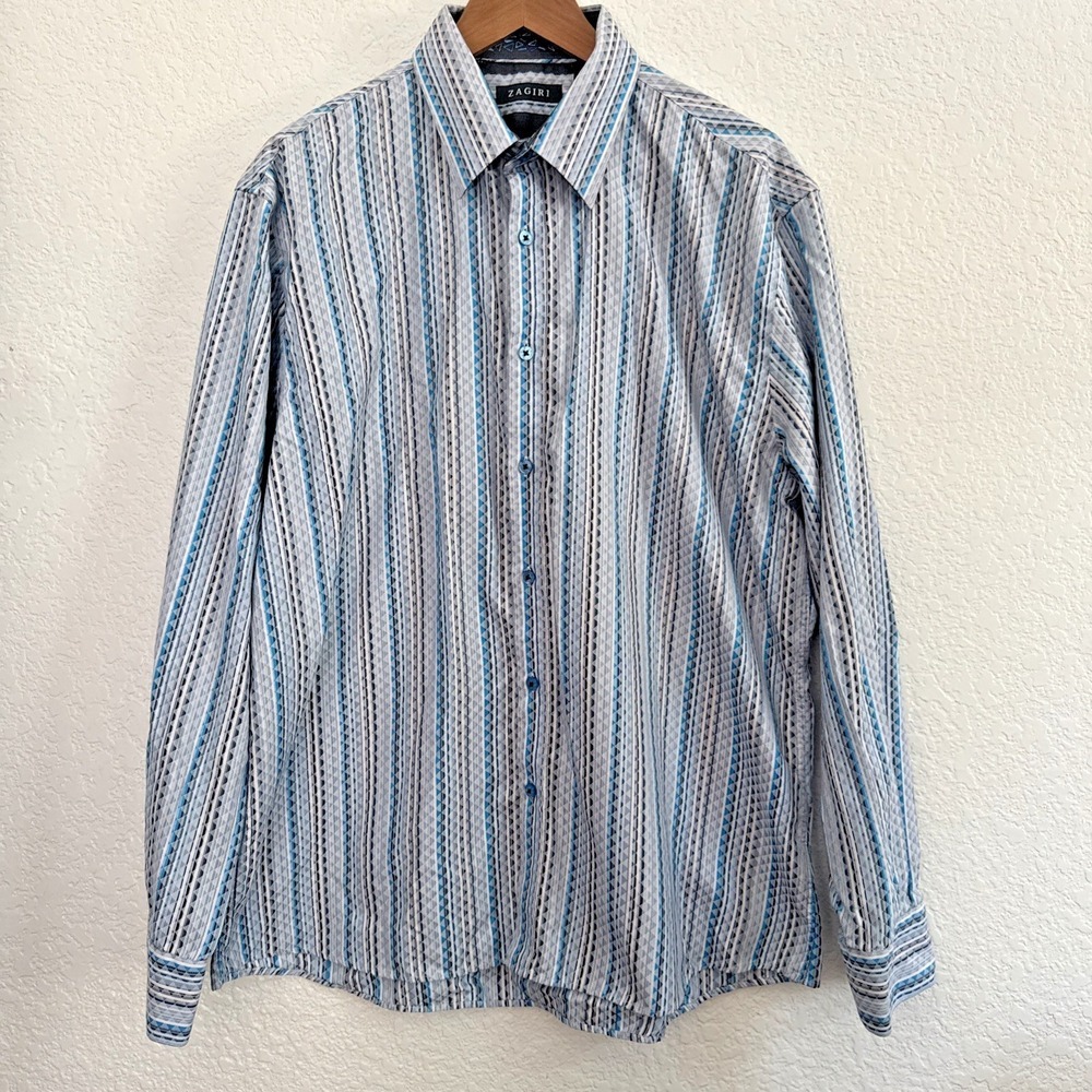 Zagiri Mens Button Up Striped Geometric Long Sleeve Shirt Blue White Size 2XL